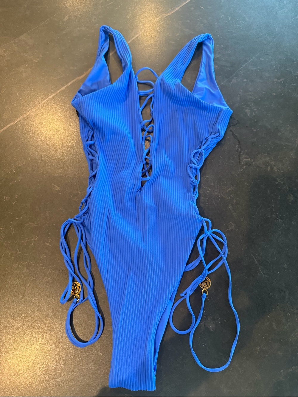 Luli Fama Royal Blue Ribbed Lace-Up One Piece Swimsuit XS
